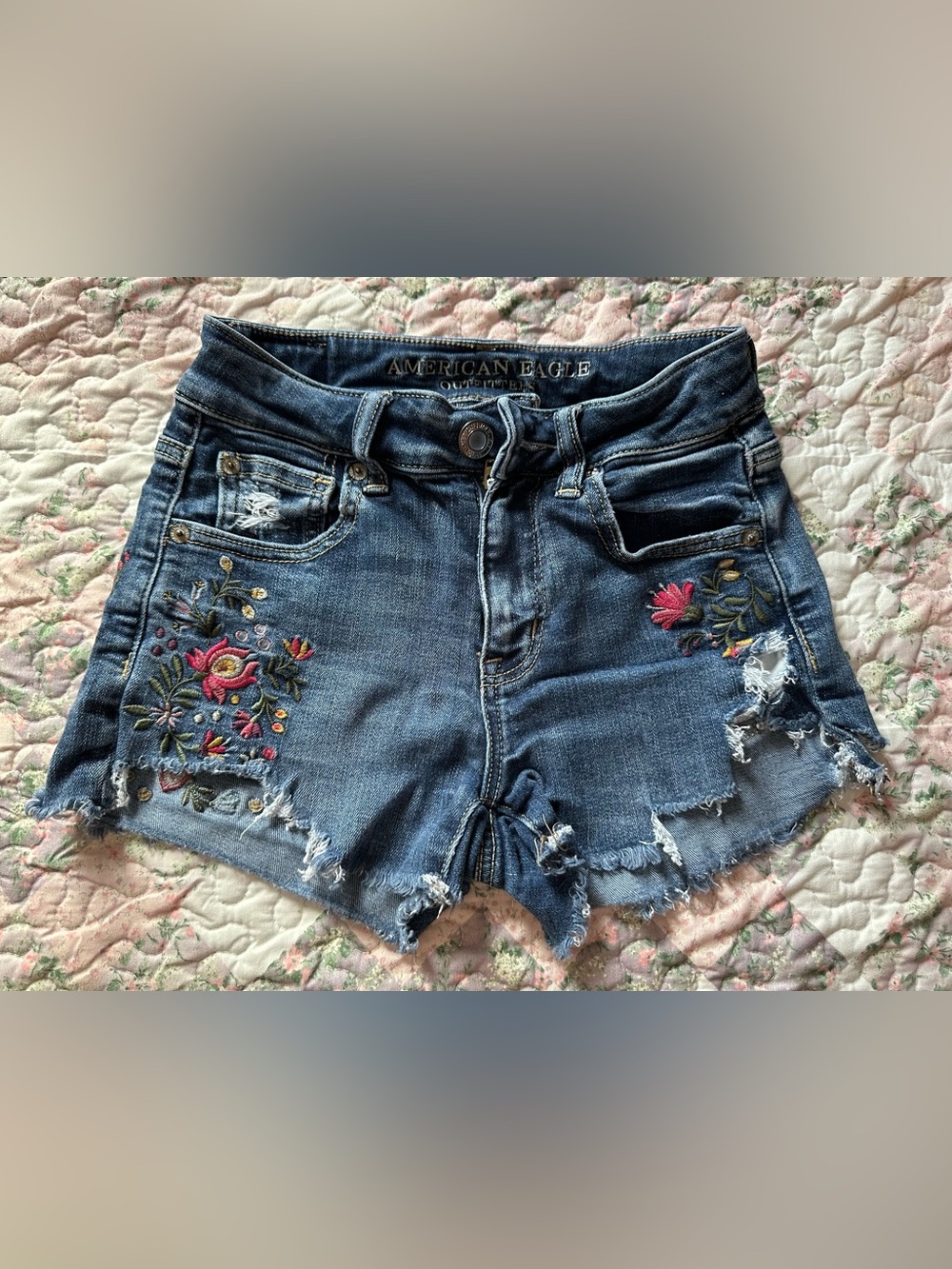 American Eagle Women’s High Rise Floral Embroidery Cutoff Denim Shorts